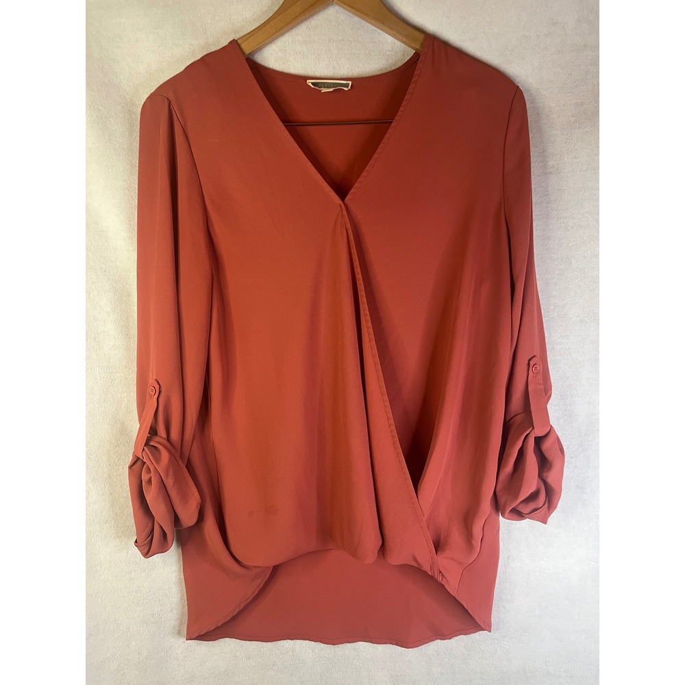 Pleione Women's L Faux‎ Wrap Blouse Rust Orange V-Neck Lightweight Chiffon